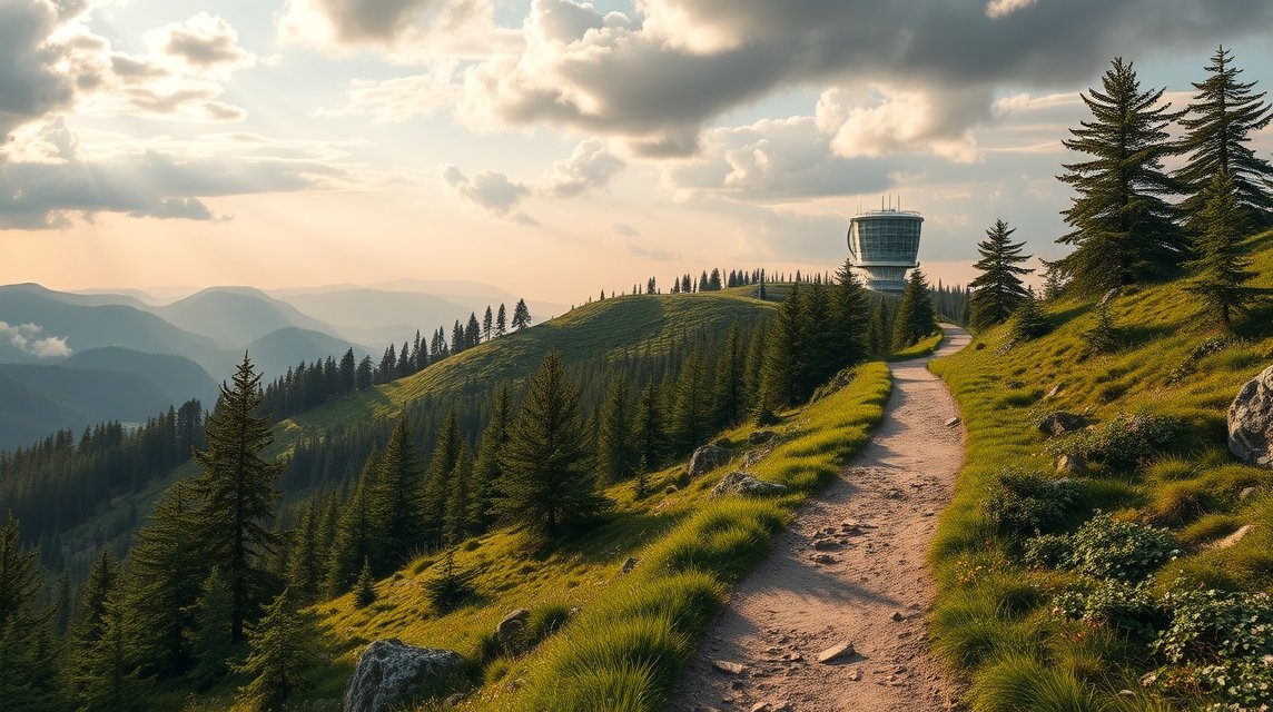 Panoráma a Großer Arber felé vezető útról, radarállomással a háttérben.