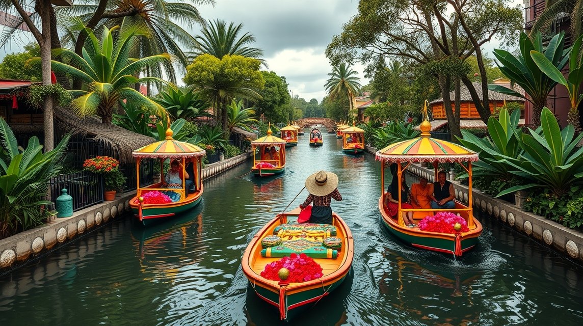 Színes trajinerák hajókáznak a Xochimilco csatornáin.