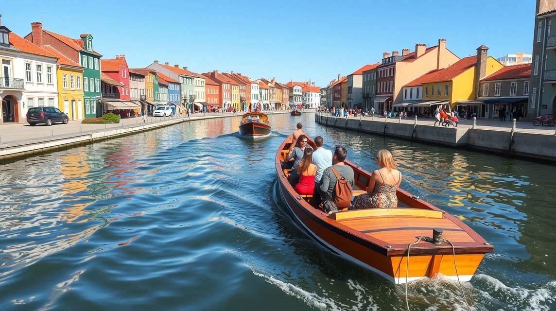 Aveiro látnivalók - Hajókázás a Moliceiro csónakokkal 1 Hajókázás Aveiro csatornáin moliceiro csónakkal, színes házak között.