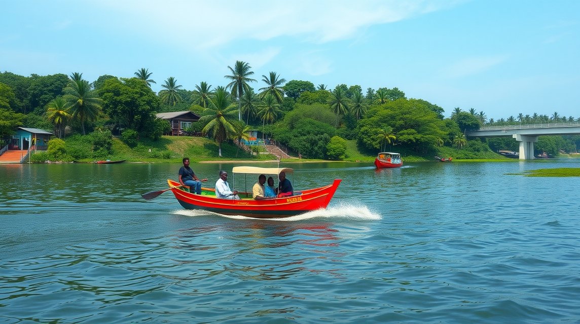 Hajókázás a Wouri folyón Doualában, zöld környezetben.