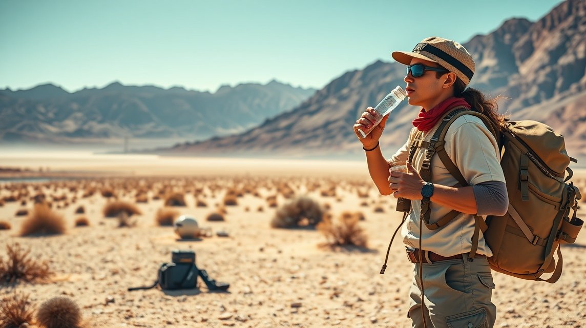 Death Valley (Halál-völgy): Túlélési tippek a Föld egyik legforróbb pontjához 1 Túrázó vízivás közben a Halál-völgy sivatagában, amerikai tájban.