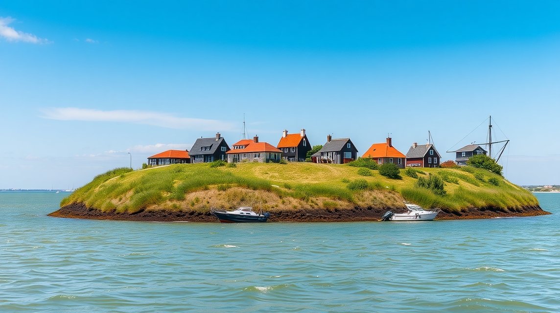 Mesterséges dombon álló házak Hallig Hooge szigetén