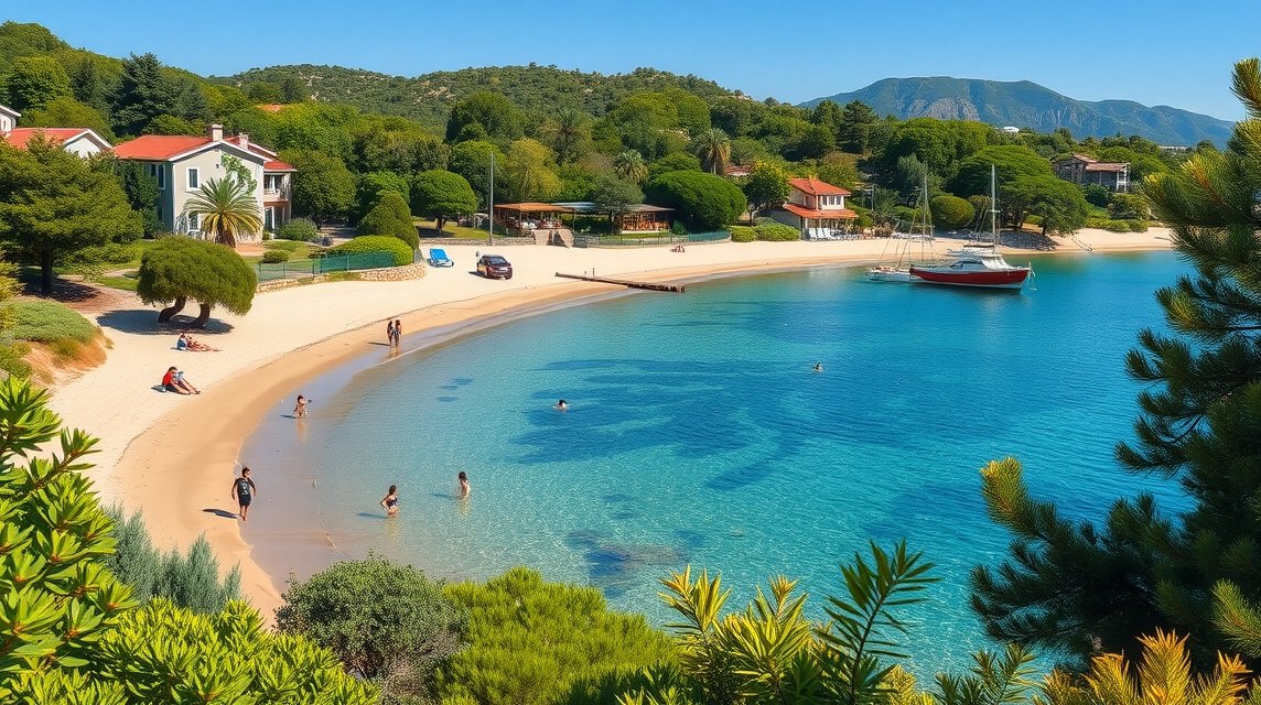 Homokos part és gondozott park Hanioti, Halkidikiben