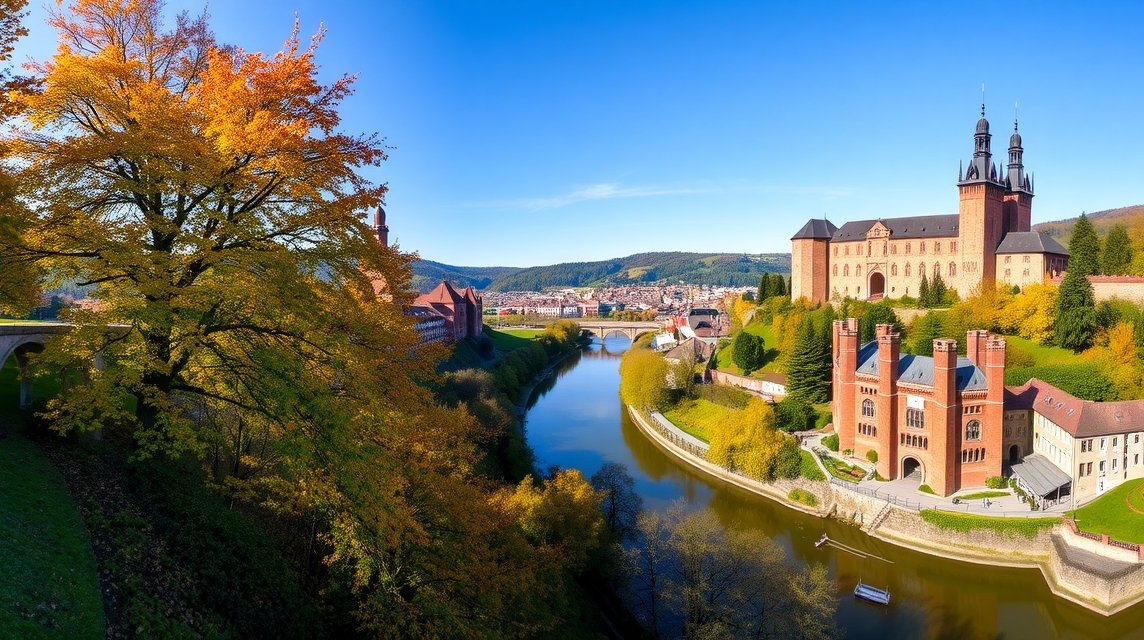 Őszi panoráma Heidelberg romantikus várromra és folyóra