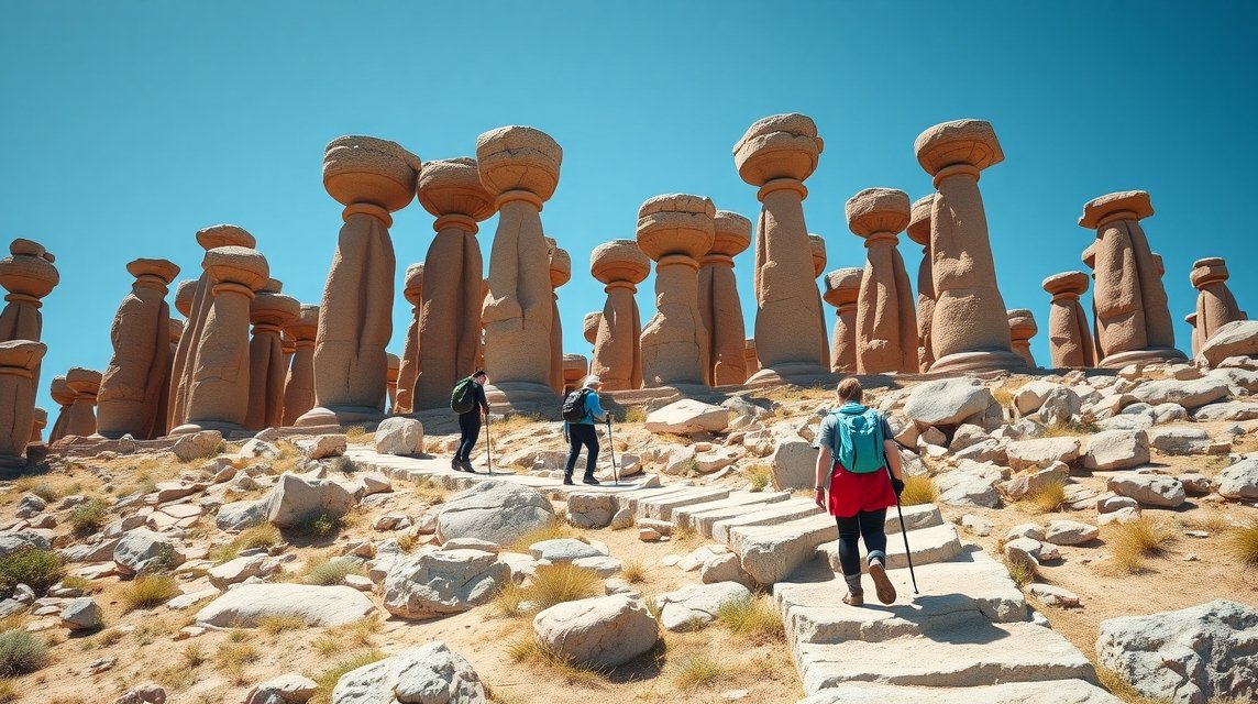 Hiker exploring the bizarre rock formations of Hercules-columns in Bielatal.