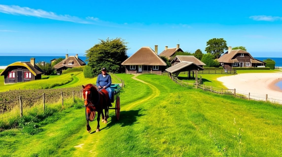 Lovaskocsival közlekedő ember Hiddensee szigetén, német tengerparti tájban
