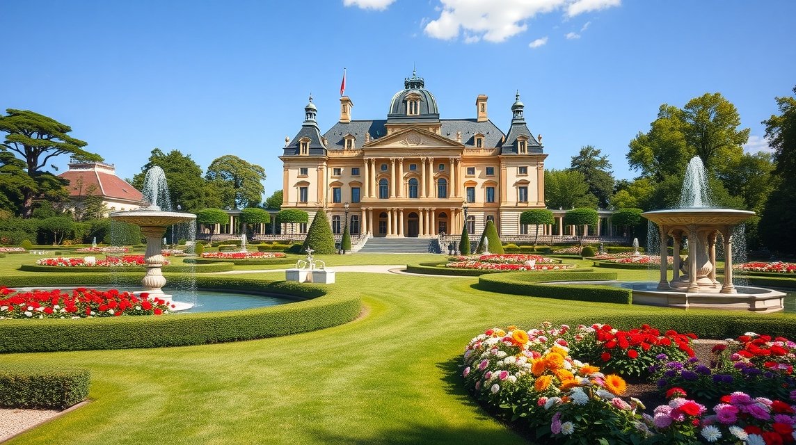 Frederiksborg kastély barokk kertje virágokkal és szökőkutakkal