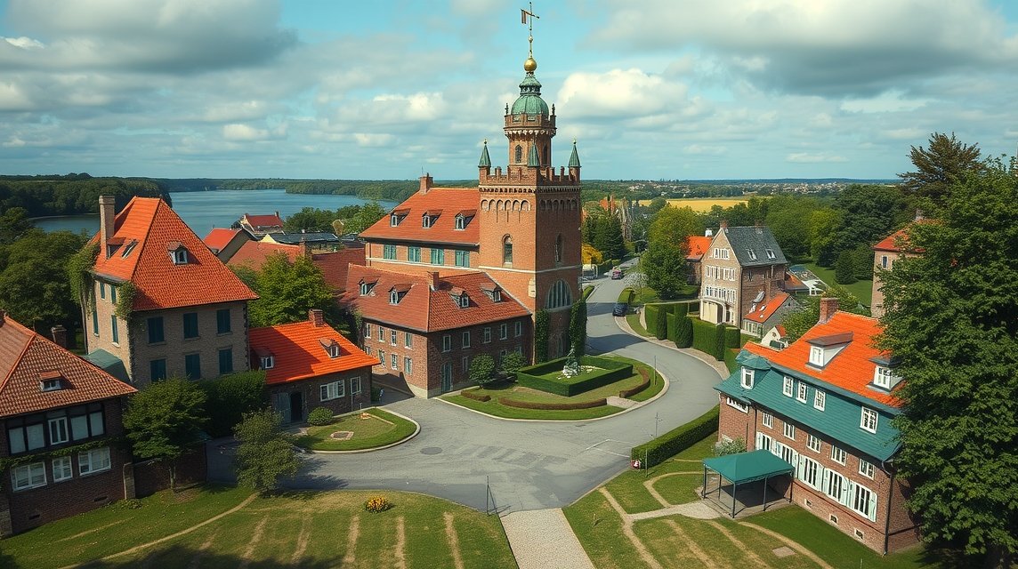 Hillerød város látképe, a Frederiksborg kastéllyal a háttérben