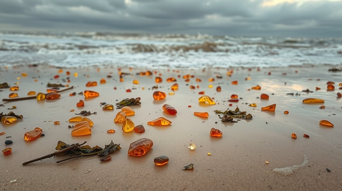 Borostyán darabok a tengerparton Hirtshalsban vihar után.
