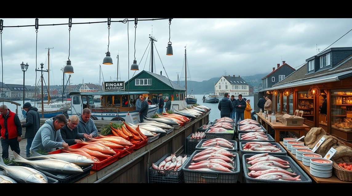Friss halárverés a Hirtshals-i kikötőben, ínycsiklandó tengeri ételekkel.