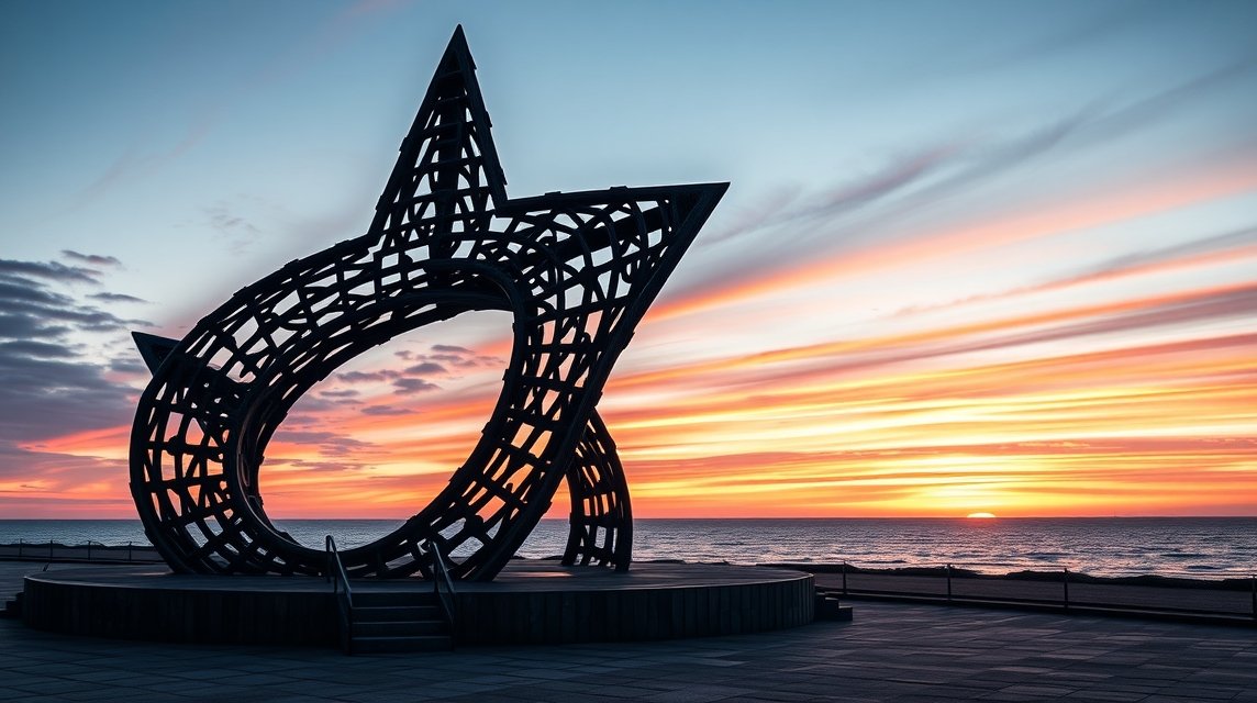 A Halászok emlékműve Hirtshals városában naplementében.