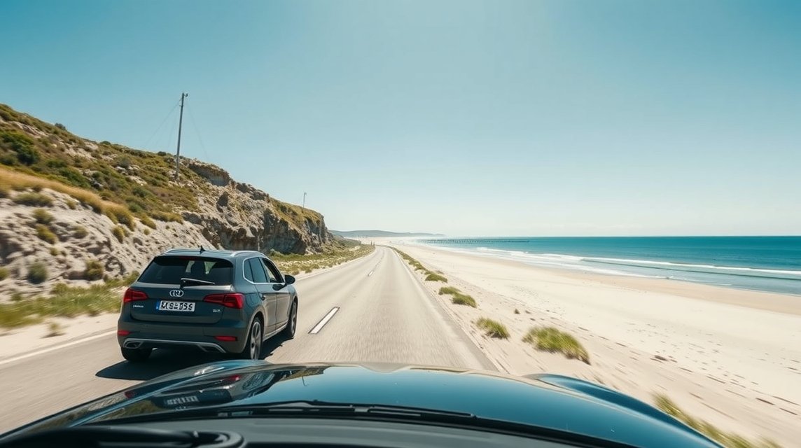 Autós út Kjul strandhoz Hirtshals közelében, gyönyörű tengerparttal.