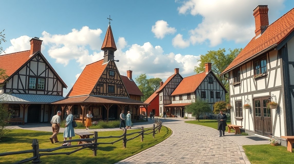 Hjerl Hede skanzen, skandináv stílusú épületekkel és látogatókkal.