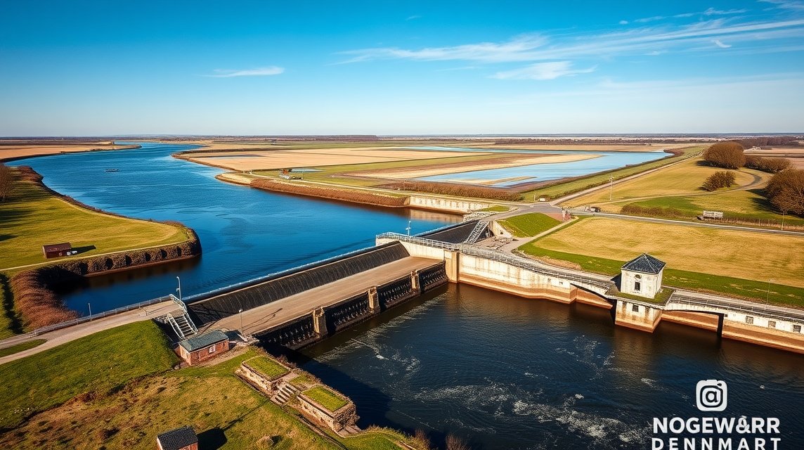 Højer zsilip látványa Møgeltønder közelében, Dánia.