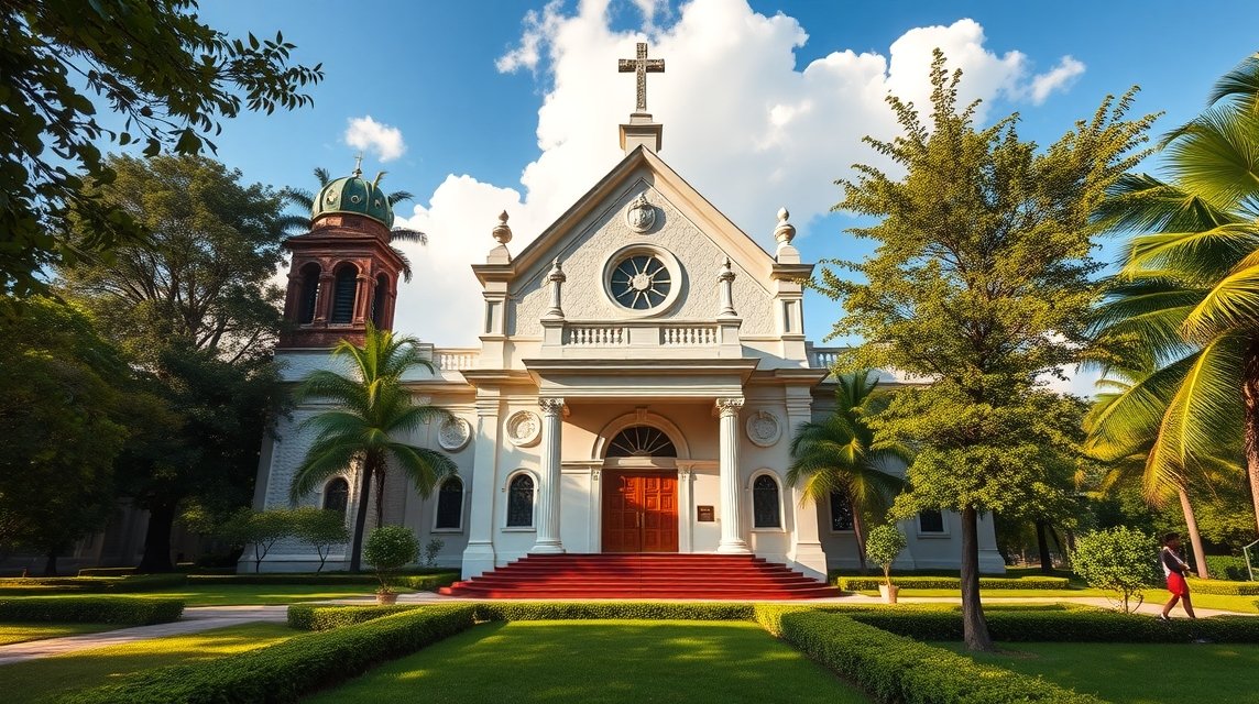 A Holy Family Katedrális Limbében, gyönyörű építészettel és zöld környezettel.