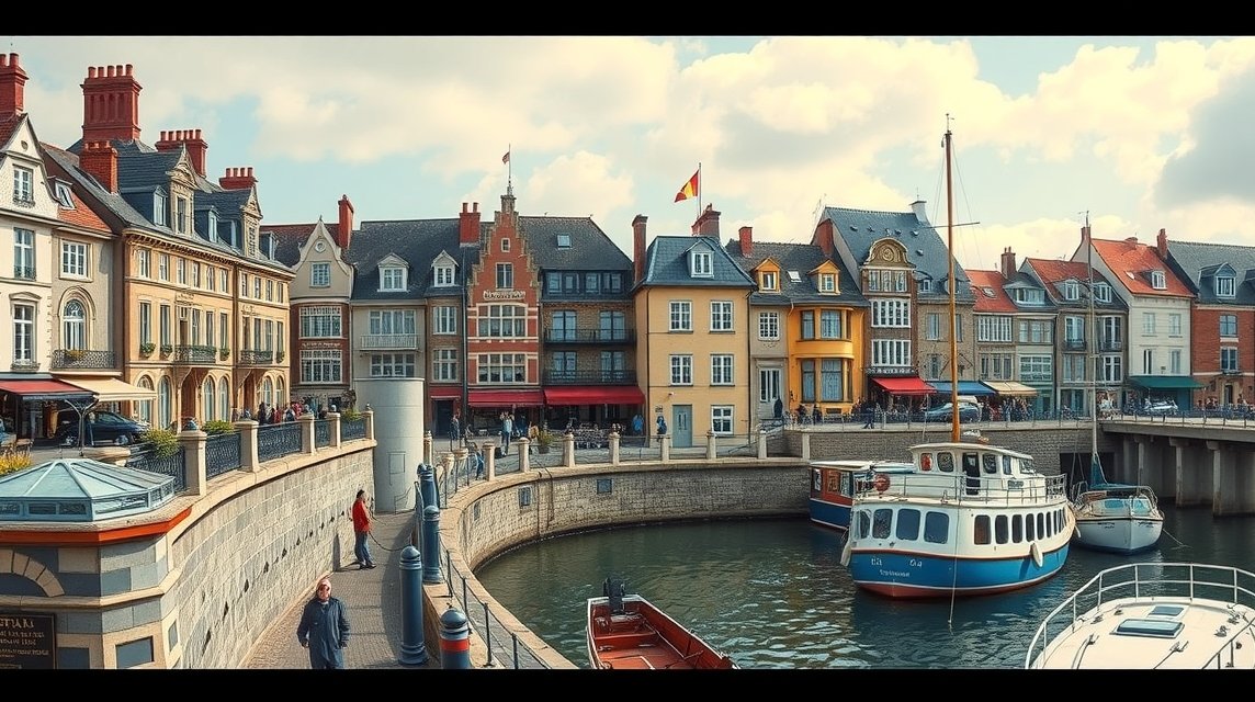 Honfleur festői kikötője macskaköves utcákkal és hajókkal