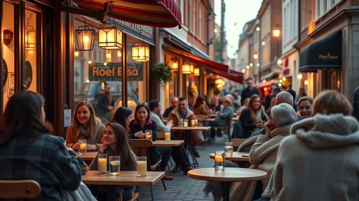 Koppenhága romantikus utcái, kávézókkal és baráti társaságokkal.