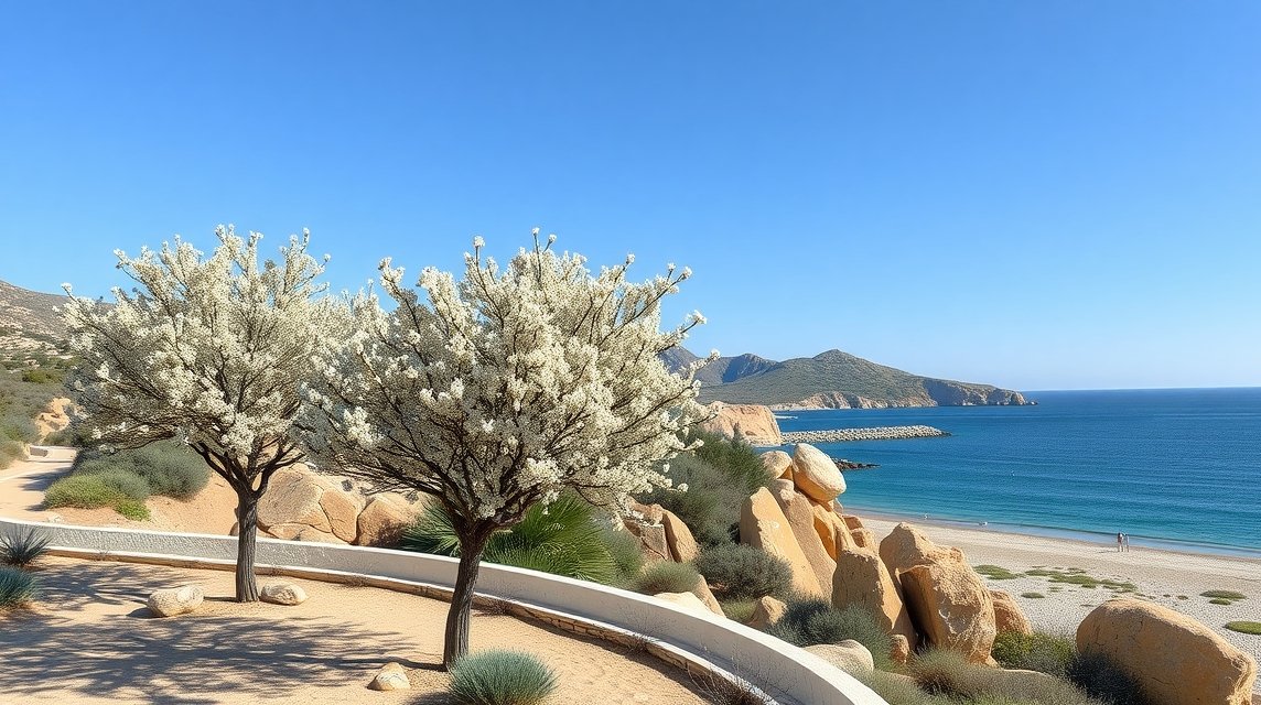 Mandulavirágzás Ibiza csendes tengerpartján télen