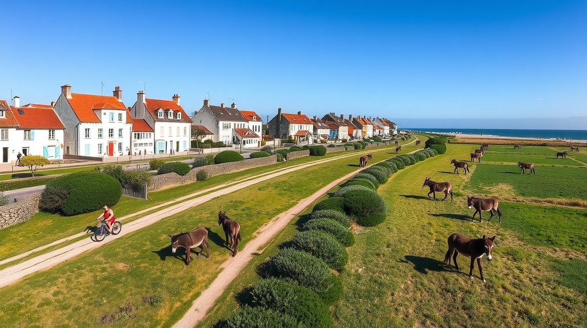 Saint-Martin-de-Ré fehér házai és kerékpározó turista, nadrágos szamarakkal
