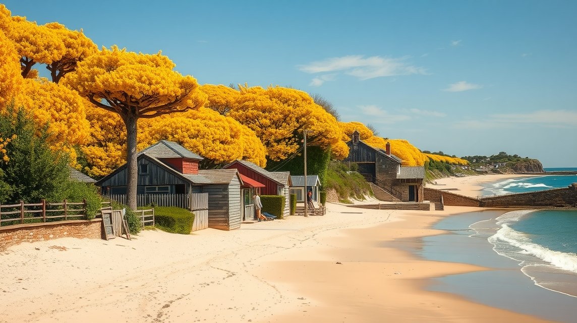 Sárga mimózákkal övezett tengerparti kunyhók Île d’Oléron szigetén.