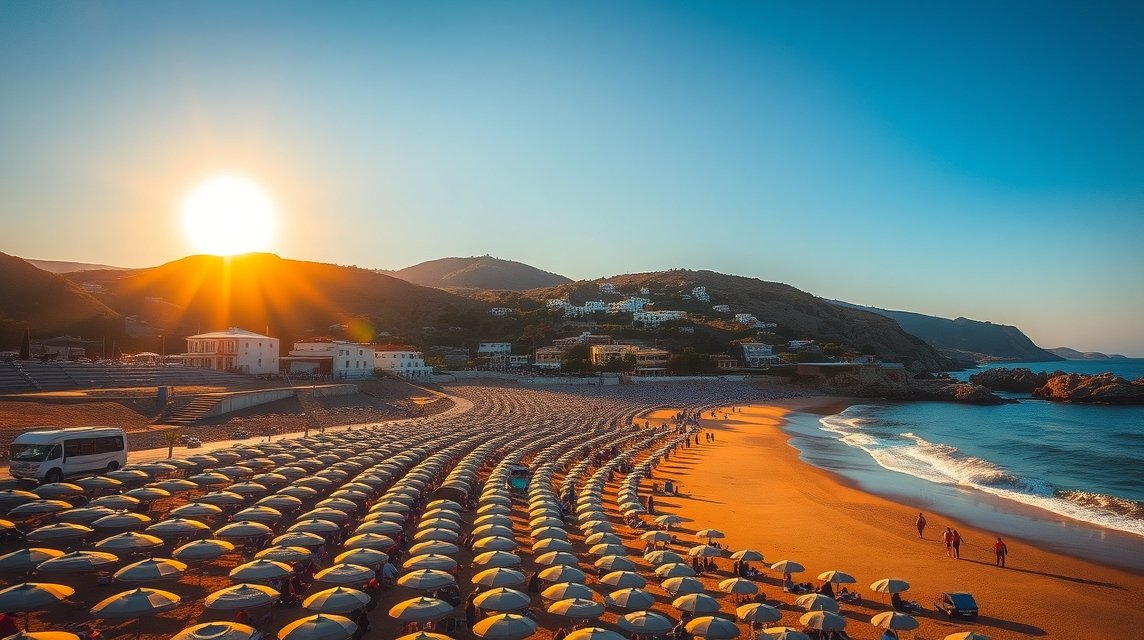 A gyönyörű Mylopotas strand naplementében Ios szigetén, Görögországban.