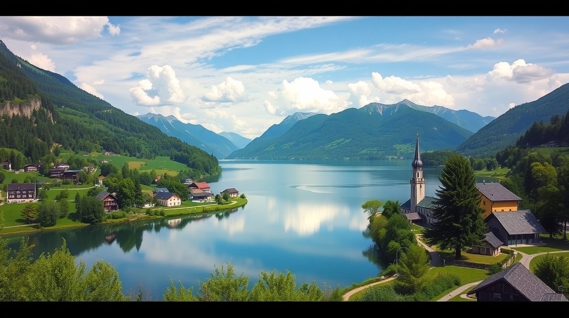 Panorámás kilátás a Brienzi-tóra és Iseltwald falura Svájcban.