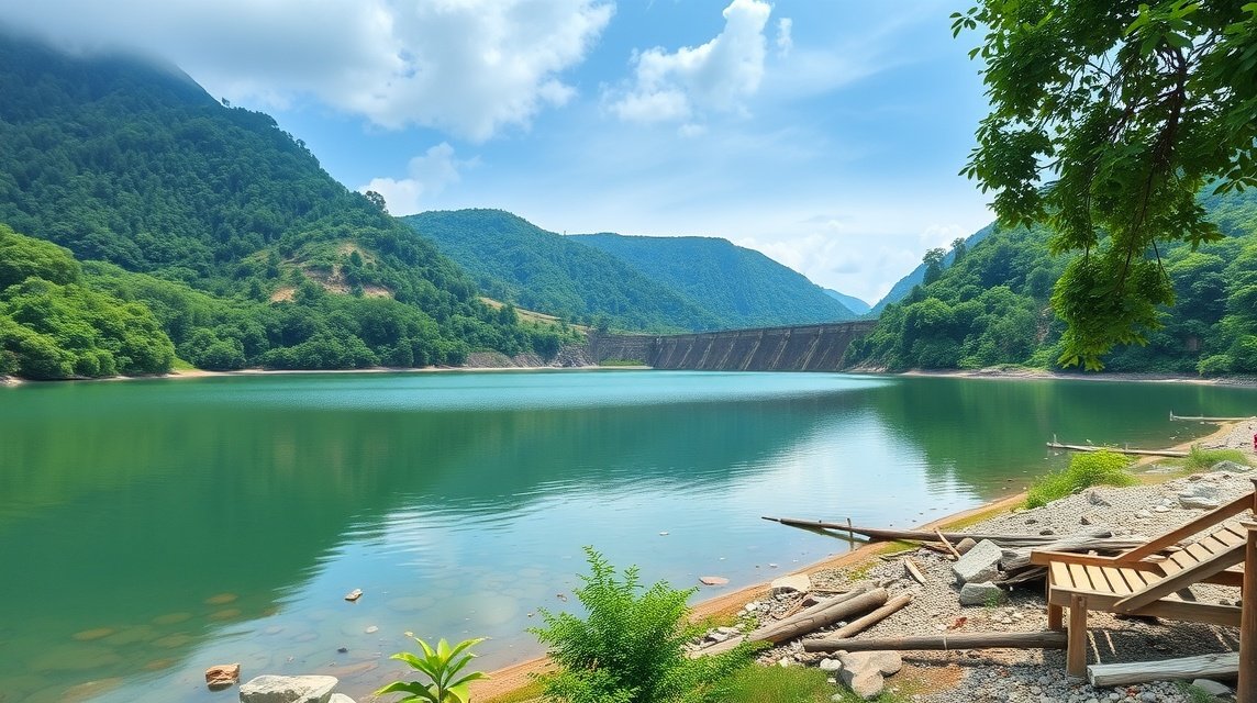 A festői Kako-gát látképe Batouri közelében, nyugodt vízfelülettel.