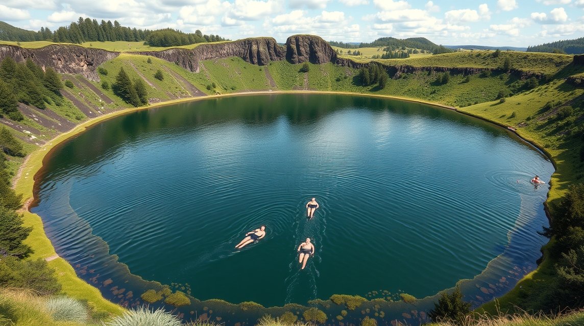 Fürdők a kristálytiszta Eifel krátertóban a vulkánok között.