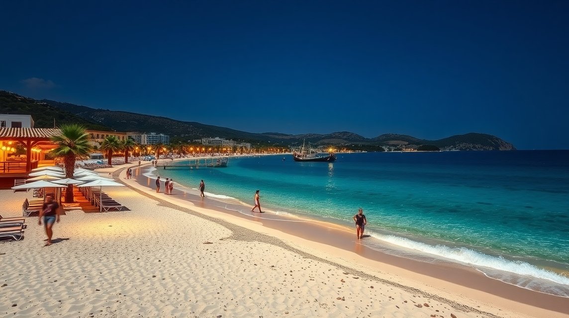 Kallithea strandja Halkidikiben éjjel, csillogó vízzel és pálmákkal