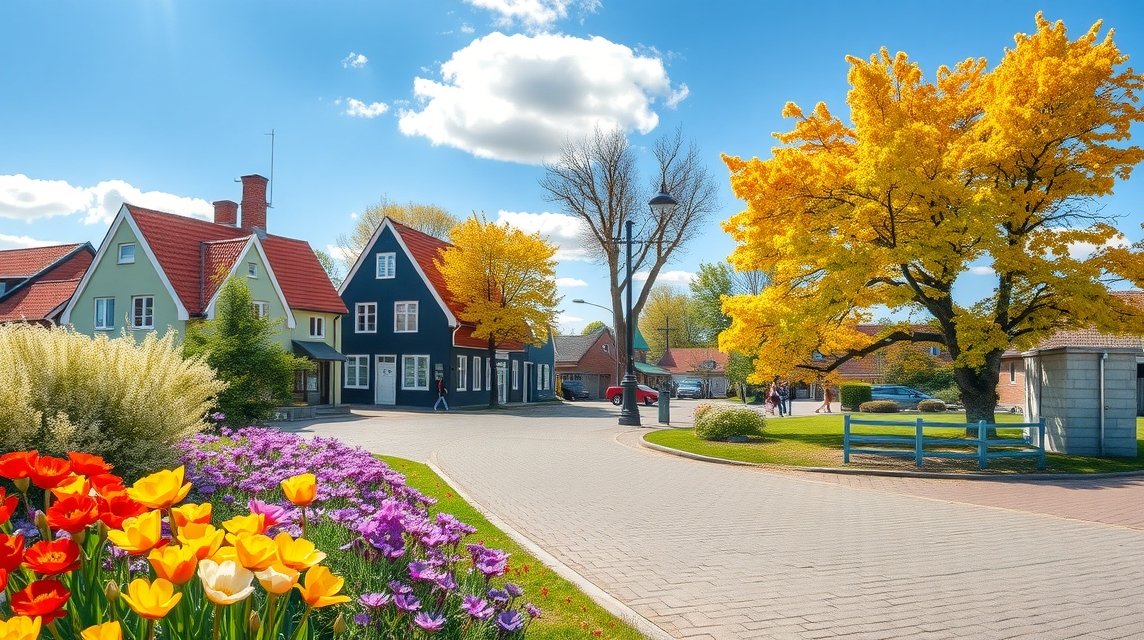 Kalundborg városképe virágokkal és színes házakkal