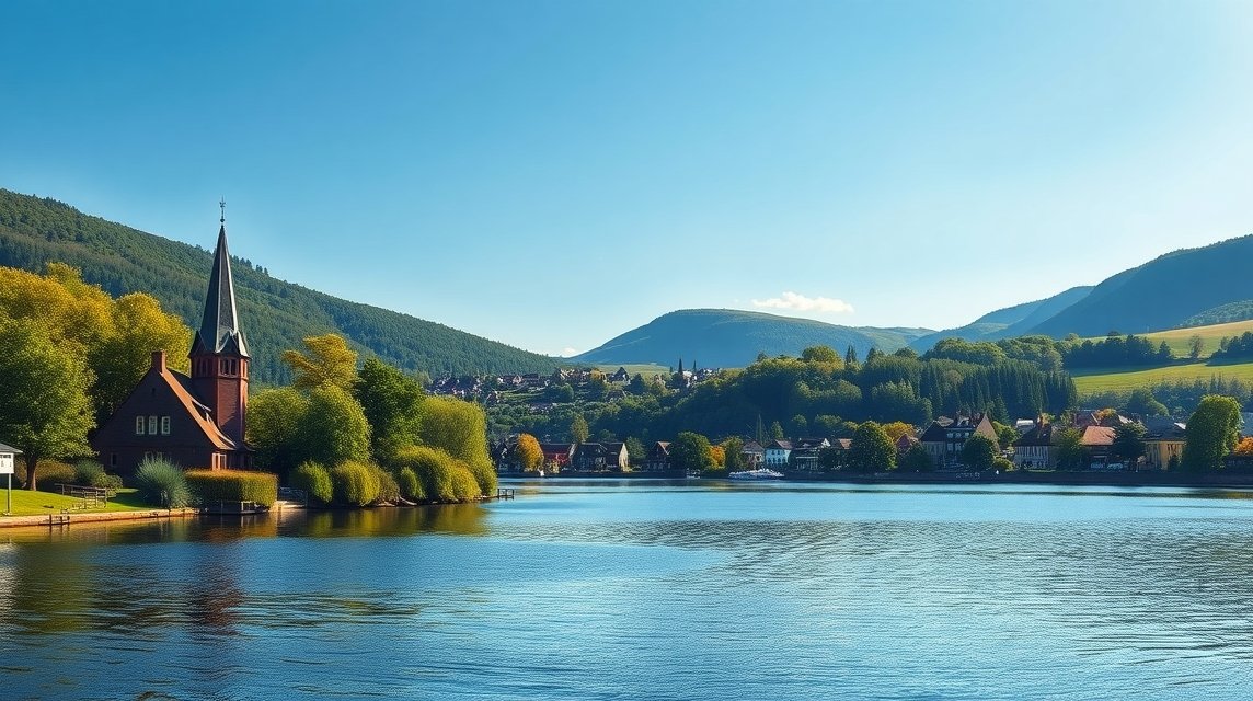 Kép a kalundbori Loch Ness tó partjáról, templom és dombok előtt.
