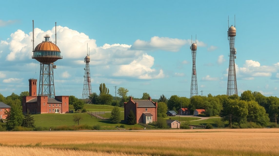 Kalundborg rádiótornyai a szép vidéken, a tengerpart mellett.