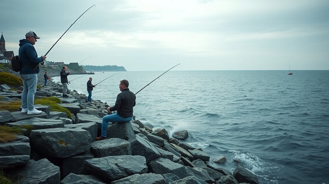 Horgászok a Kalundborg partján, tengeri horgászat sziklák között.