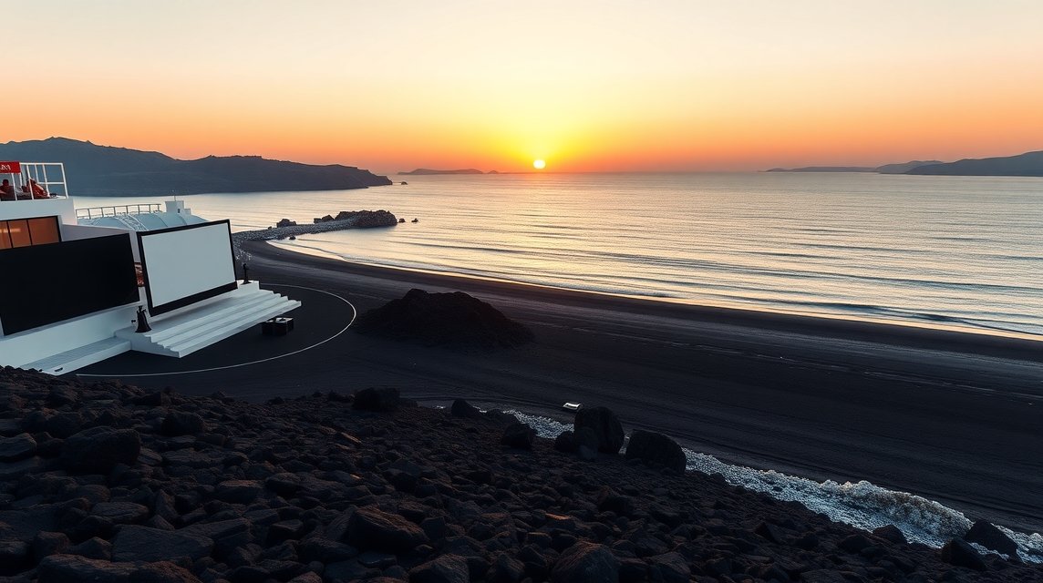 Naplemente Kamari fekete lávahomokos tengerpartján Szantorinón.