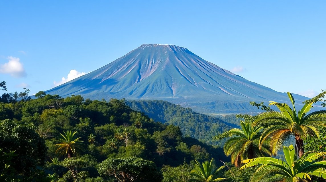Kamerun-hegy látványa fekete homokos partokkal és pálmákkal
