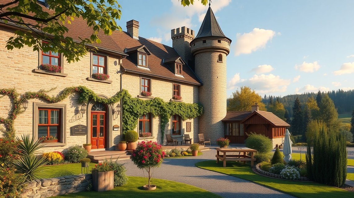 Boeslunde kastélyszálló virágokkal díszítve és gyönyörű vidéki tájjal