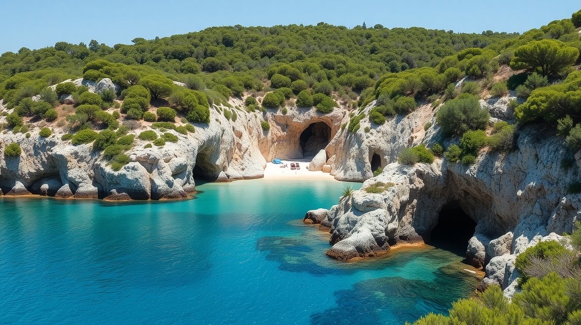 Kavourotripes sziklás öble türkiz víz és homokpadokkal