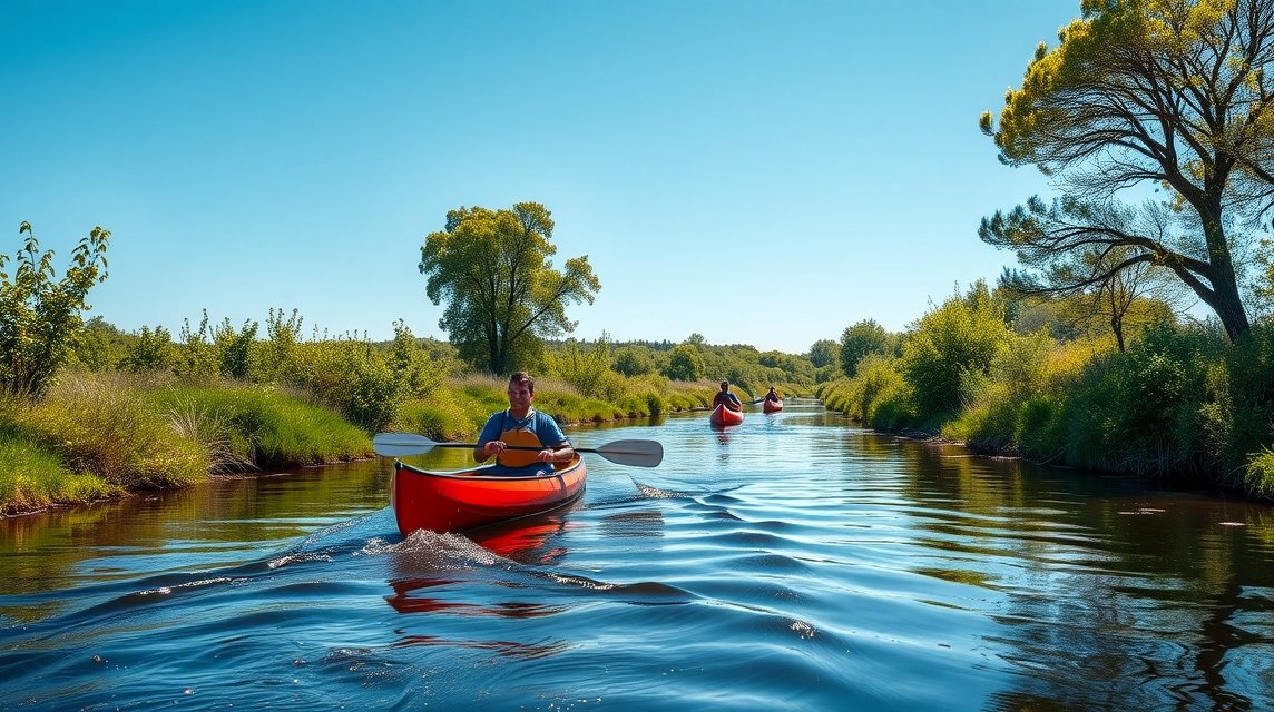 Kenuzás az Uggerby patakon Hirtshalsban, zöld táj és nyugalom