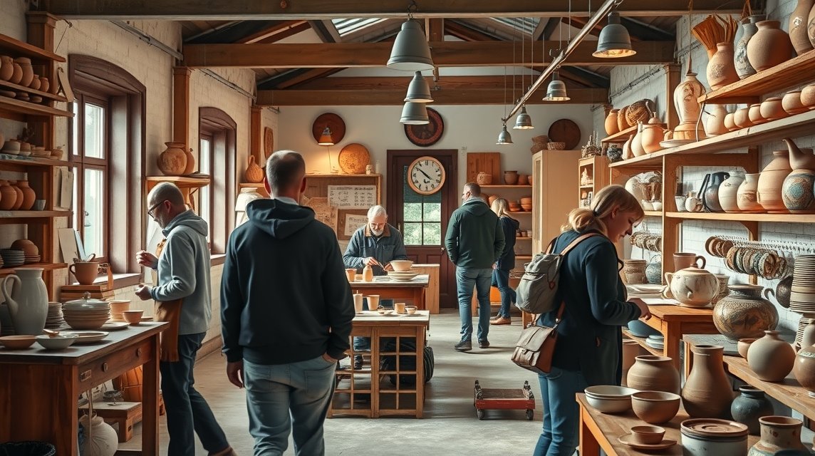 Aakirkeby kerámiaműhely belső tér, látogatók agyagtermékek között