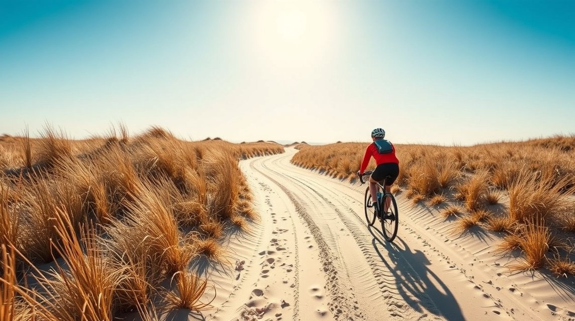 Kerékpáros felfedezés a skageni dűnék között napfényben.