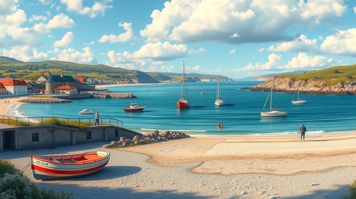 Kerteminde tengerpartja színes hajókkal és festői kilátással