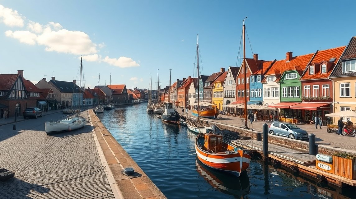 Kerteminde régi kikötője, színes halászhajók és út menti kávézók