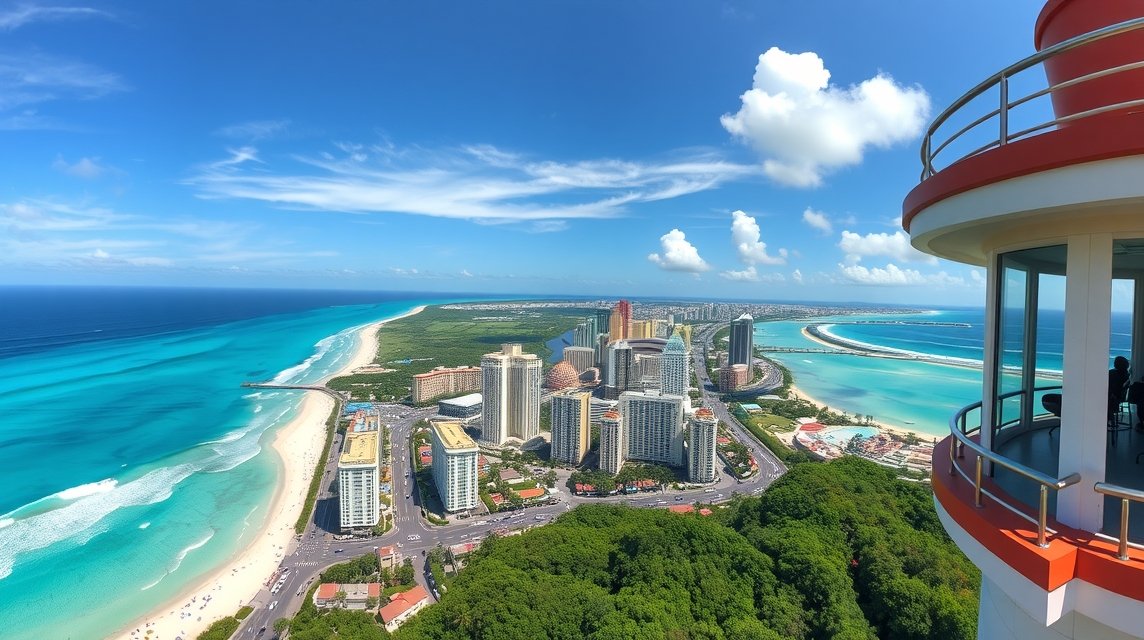 Kilátás Cancún városára és tengerére a Torre Escénica forgótoronyból