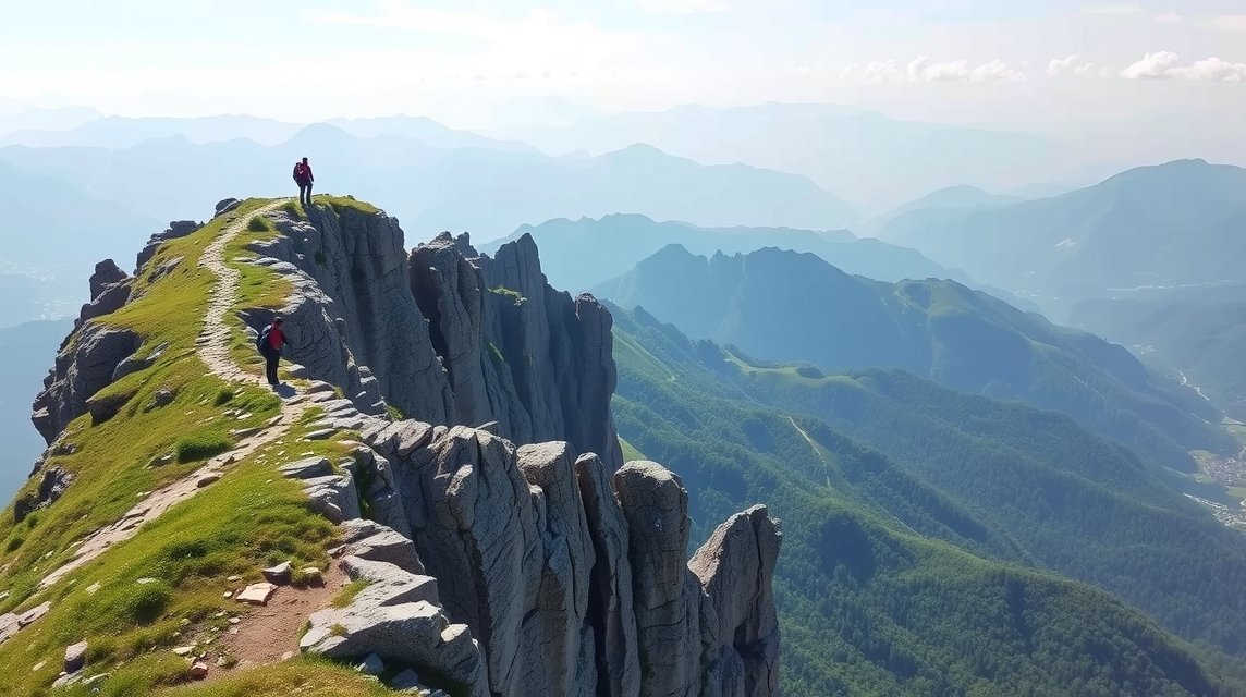Hikers on the ridge of Királykő, enjoying breathtaking views.