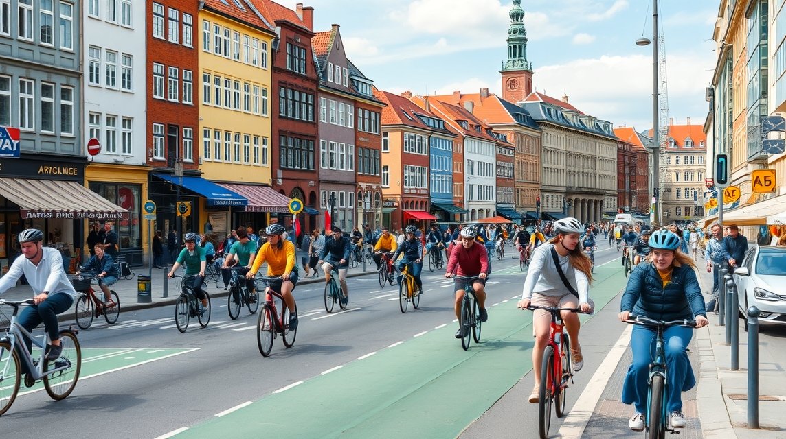 Koppenhága forgalmas utcáján kerékpározók ezrei, színes házak között.