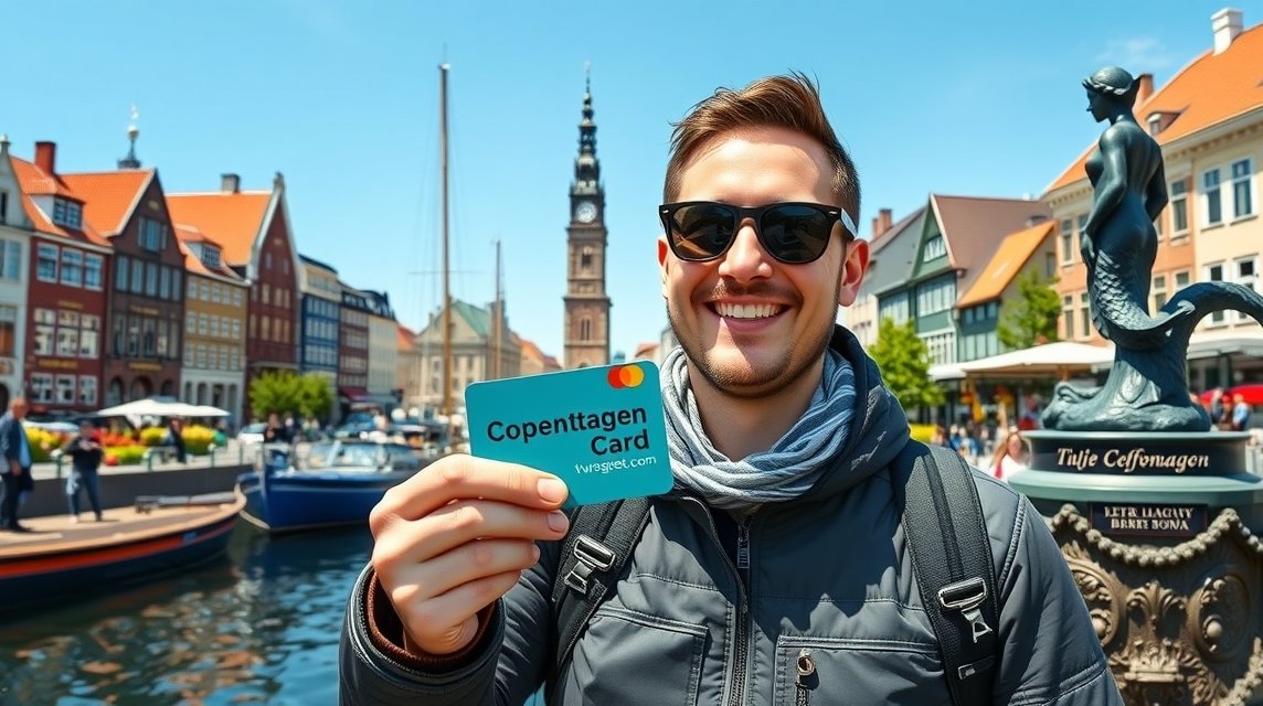 Fiatal férfi a Koppenhága kártyával a híres városnéző helyszínen