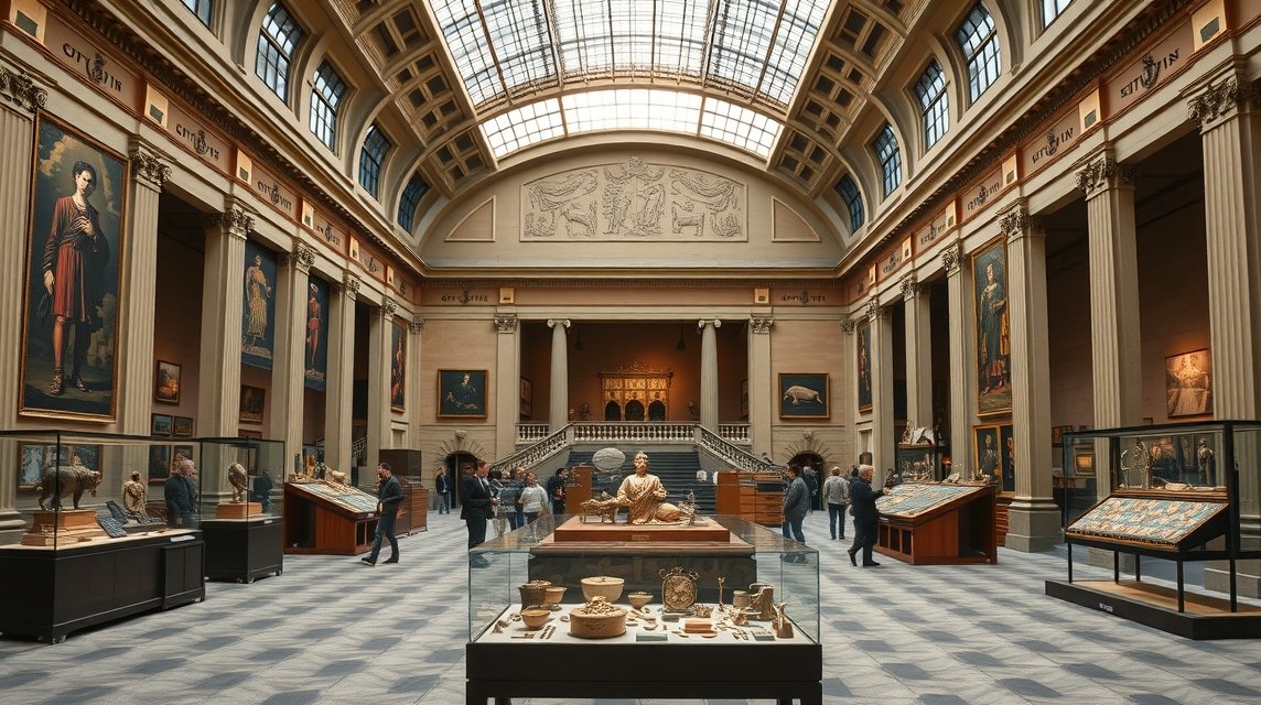 A Dán Nemzeti Múzeum belső tere, műkincsek és látogatók.