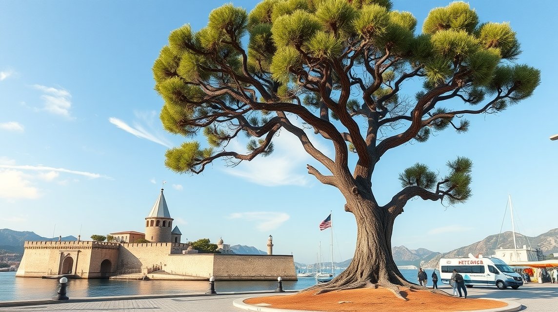 Hippokratész platánfája Kos városában, háttérben a kikötői erőd