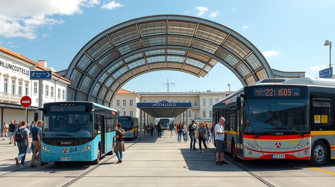 Modern bus station in Castelo Branco, Portugal with travelers