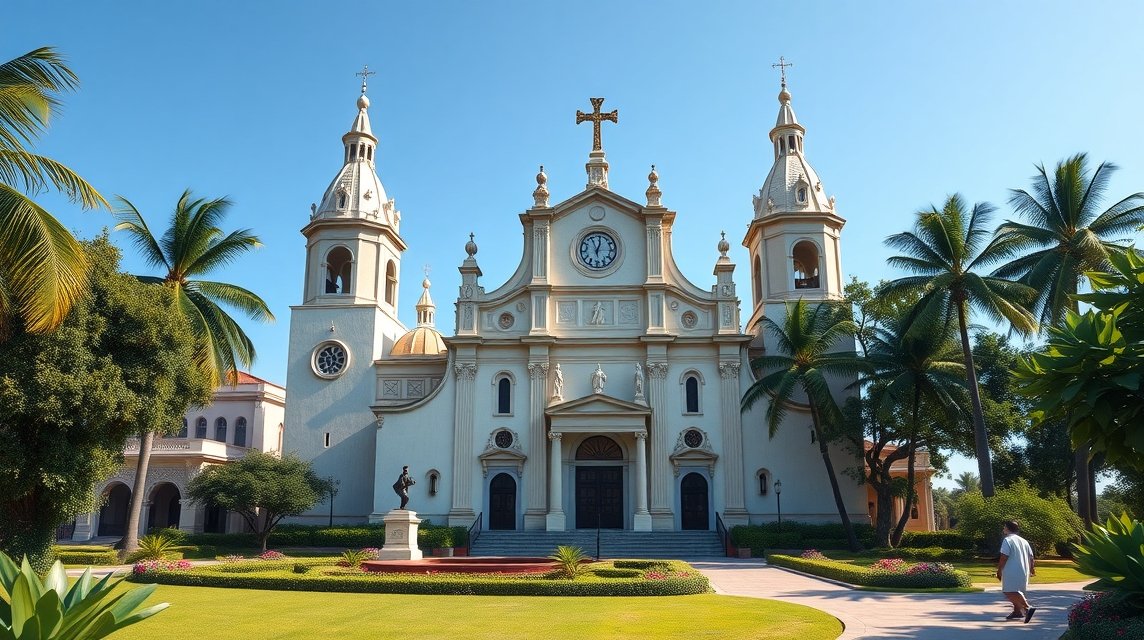 Kribi gyarmati templom pasztellszínű homlokzata és zöld tája